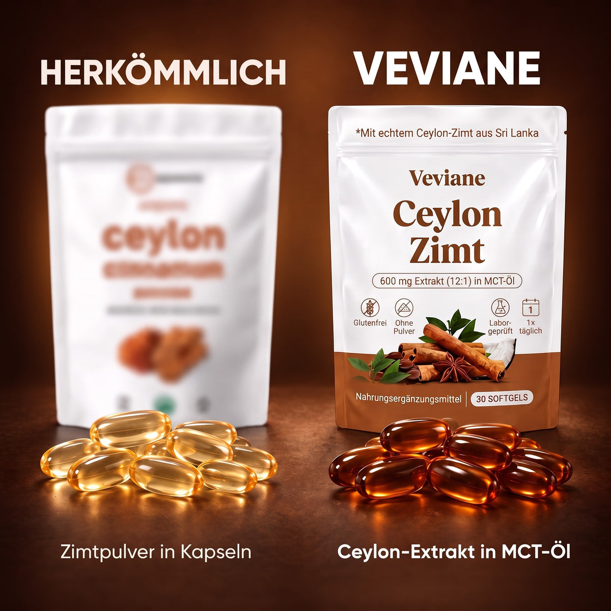 Vergleich: herkömmliche Zimtkapseln vs. Veviane Ceylon-Extrakt in MCT-Öl