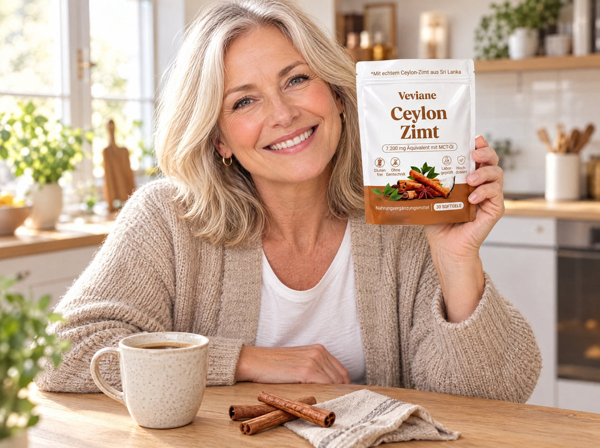 Frau in der Küche zeigt lächelnd einen Beutel Veviane Ceylon Zimt (Symbolbild)